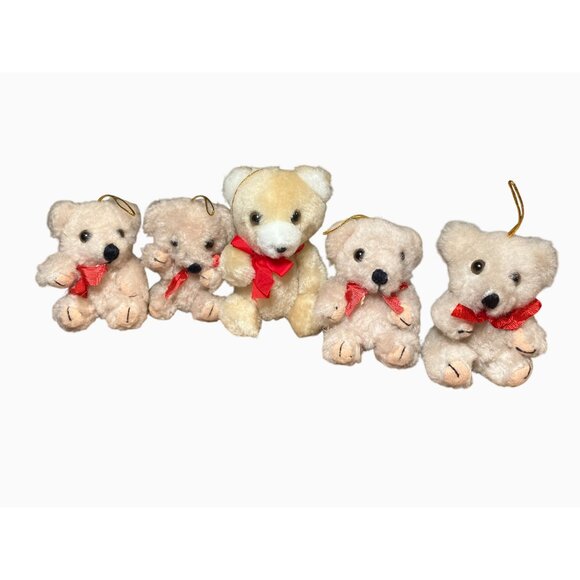 Mini Plush Teddy Bear Lot Ornaments With Red Bows - Picture 7 of 8